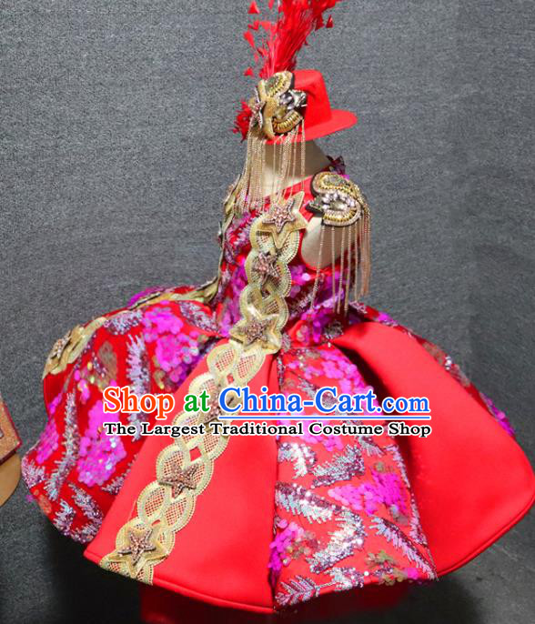 Top Christmas Party Formal Evening Wear Children Day Performance Clothing Chorus Garment Girl Catwalks Red Bubble Dress