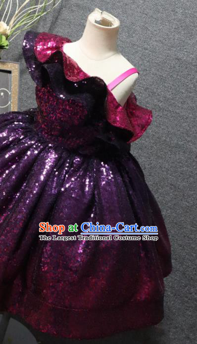 Top Girl Catwalks Purple Sequins Dress Christmas Party Formal Evening Wear Children Day Performance Clothing Chorus Garment