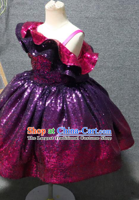 Top Girl Catwalks Purple Sequins Dress Christmas Party Formal Evening Wear Children Day Performance Clothing Chorus Garment