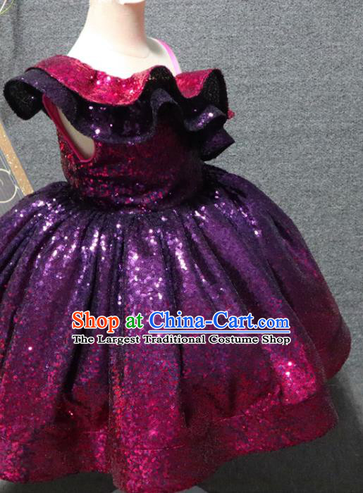 Top Girl Catwalks Purple Sequins Dress Christmas Party Formal Evening Wear Children Day Performance Clothing Chorus Garment