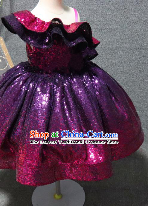 Top Girl Catwalks Purple Sequins Dress Christmas Party Formal Evening Wear Children Day Performance Clothing Chorus Garment