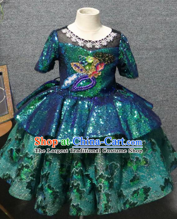 Top Girl Chorus Garment Catwalks Green Sequins Dress Christmas Party Formal Evening Wear Children Day Performance Clothing