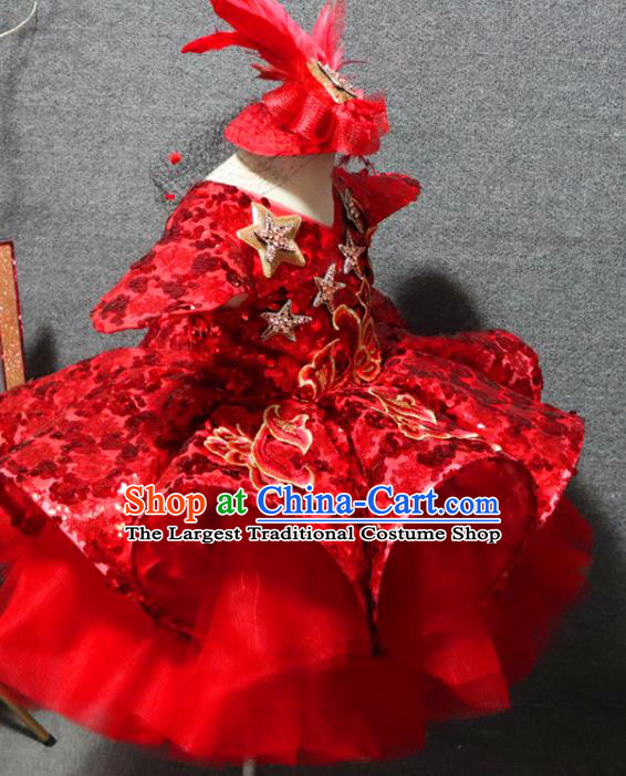 Top Children Day Performance Clothing Girl Chorus Garment Catwalks Red Sequins Dress Christmas Party Formal Evening Wear