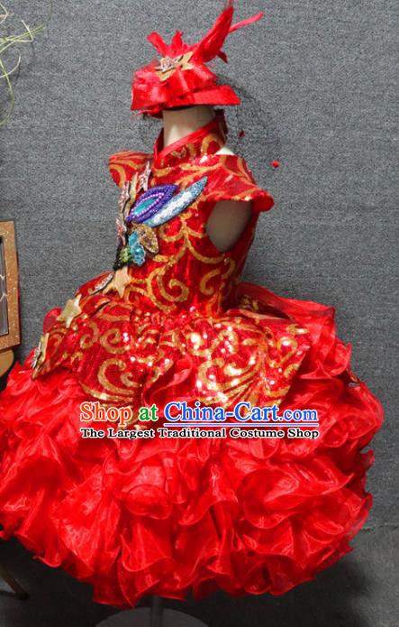 Top Christmas Formal Evening Wear Children Day Performance Clothing Girl Chorus Garment Catwalks Red Sequins Flower Dress