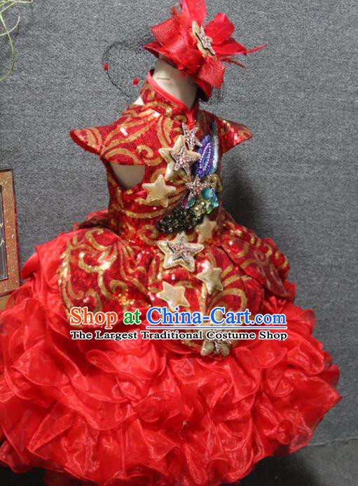Top Christmas Formal Evening Wear Children Day Performance Clothing Girl Chorus Garment Catwalks Red Sequins Flower Dress