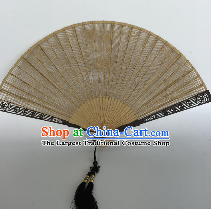 Handmade Chinese Carving Flowers Fairy Accordion Craft Fans Sandalwood Folding Fan Ancient Swordsman Fan