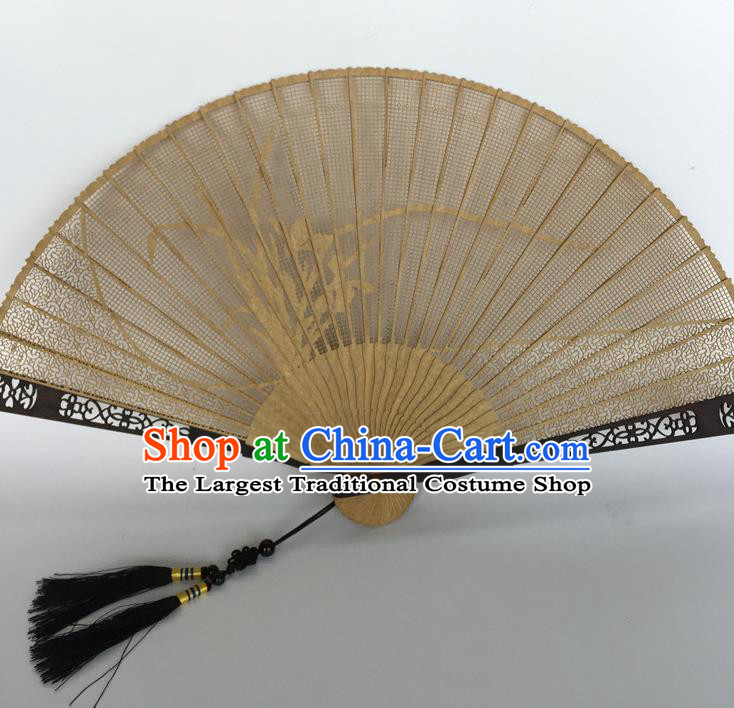 Handmade Chinese Craft Fans Sandalwood Folding Fan Ancient Swordsman Fan Carving Orchids Accordion