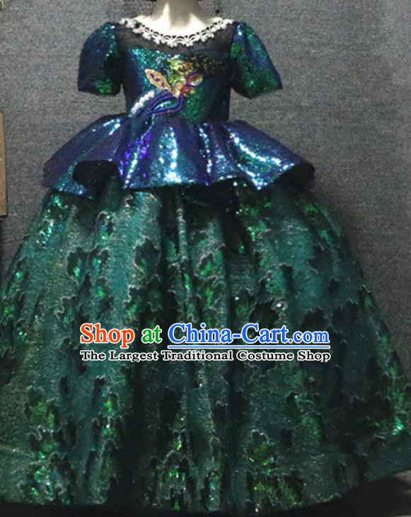 Top Catwalks Green Sequins Full Dress Christmas Formal Evening Wear Children Day Performance Clothing Girl Chorus Garment