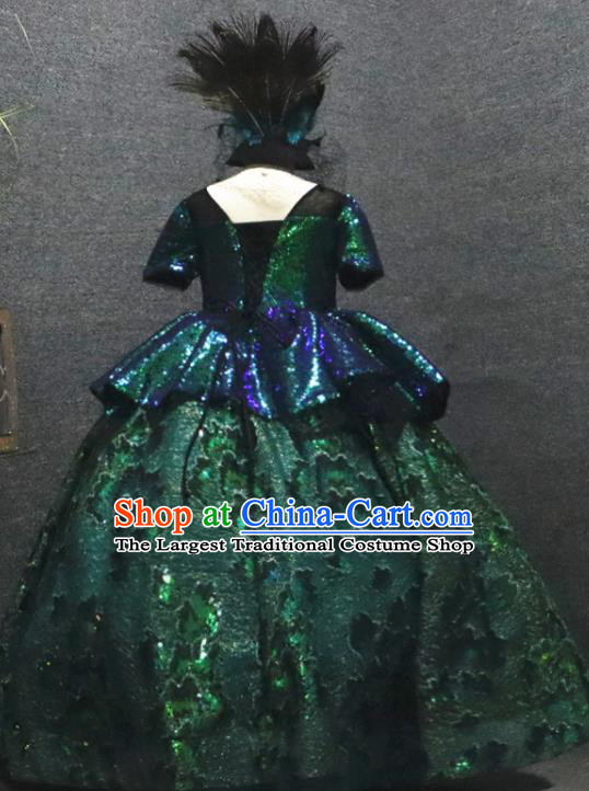 Top Catwalks Green Sequins Full Dress Christmas Formal Evening Wear Children Day Performance Clothing Girl Chorus Garment