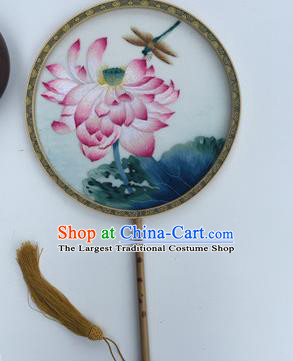 China Vintage Embroidery Dragonfly Lotus Fans Handmade Double Sided Palace Fan Ancient Court Silk Fan Traditional Hanfu Round Fan
