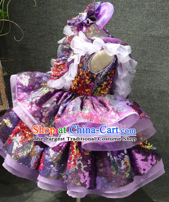 Top Girl Stage Show Garment Catwalks Princess Purple Sequins Dress Christmas Performance Formal Evening Wear Children Day Clothing