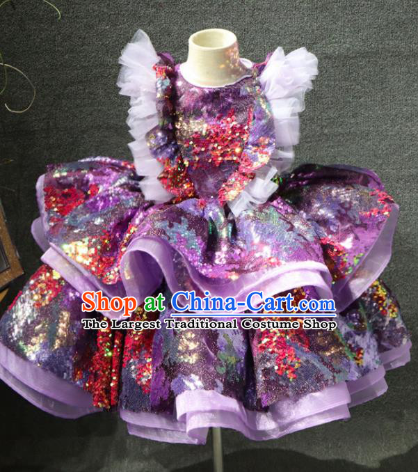 Top Girl Stage Show Garment Catwalks Princess Purple Sequins Dress Christmas Performance Formal Evening Wear Children Day Clothing
