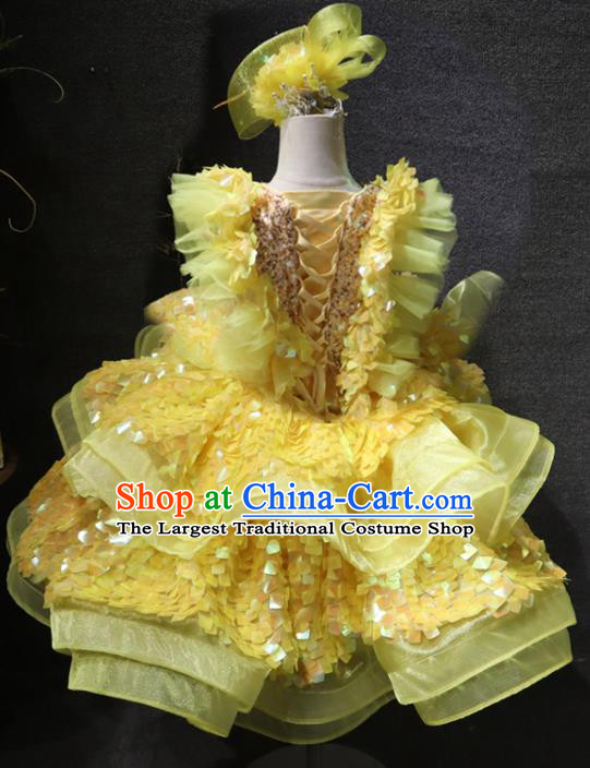 Top Christmas Formal Evening Wear Children Day Stage Show Clothing Girl Performance Garment Catwalks Flowers Princess Yellow Sequins Dress