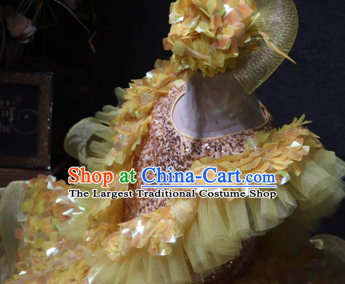 Top Christmas Formal Evening Wear Children Day Stage Show Clothing Girl Performance Garment Catwalks Flowers Princess Yellow Sequins Dress