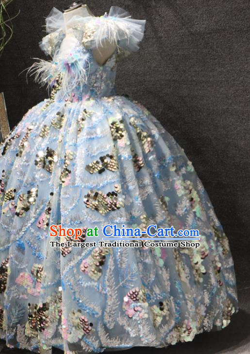 Top Girl Catwalks Embroidered Sequins Dress Children Princess Stage Show Feather Clothing Girls Compere Formal Evening Wear