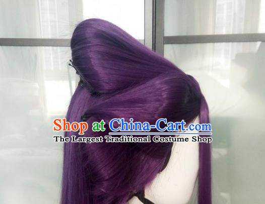 China Ancient Swordswoman Wigs Traditional Drama The Journey of Flower Hua Qiangu Hanfu Chignon Hairpieces Cosplay Goddess Purple Wig Sheath
