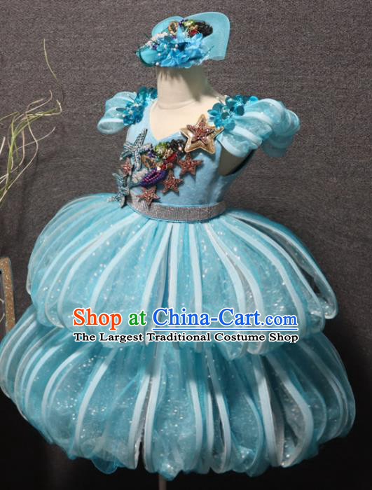 Top Chorus Performance Garment Girl Catwalks Blue Layered Dress Christmas Formal Evening Wear Children Princess Stage Show Clothing