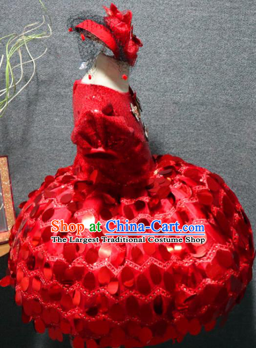 Top Children Princess Stage Show Clothing Chorus Performance Garment Girl Catwalks Red Bubble Dress Christmas Formal Evening Wear