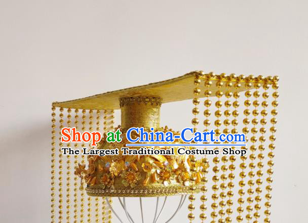 Handmade Chinese Tang Dynasty Emperor Hair Crown Ancient King Headwear Drama Traditional Hanfu Golden Tassel Hat