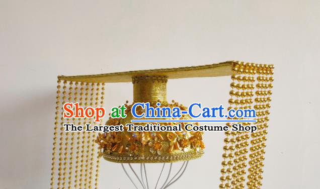 Handmade Chinese Tang Dynasty Emperor Hair Crown Ancient King Headwear Drama Traditional Hanfu Golden Tassel Hat