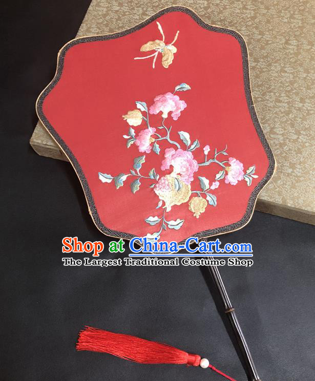 China Handmade Red Silk Fan Ancient Princess Fans Traditional Wedding Fan Vintage Embroidered Pomegranate Flower Palace Fan