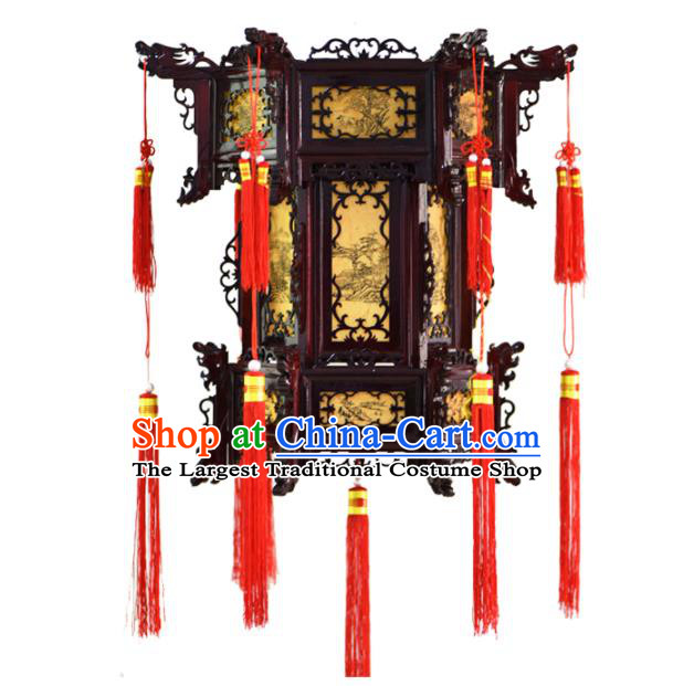 China Drama Hanging Lantern Classical Wood Carving Lanterns Handmade Hexagon Palace Lantern Traditional Court Light Lamp