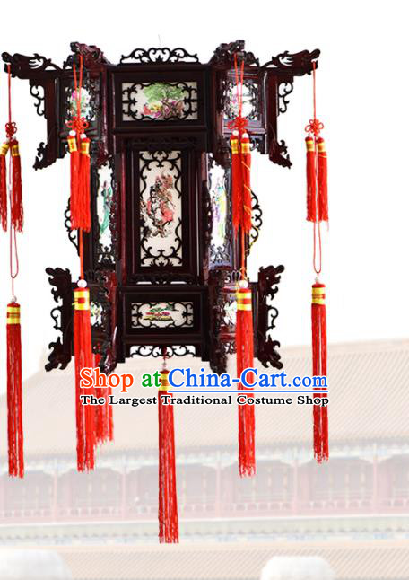 China Traditional Court Light Lamp Eight Immortals Painting Hanging Lantern Classical Wood Carving Lanterns Handmade Hexagon Palace Lantern