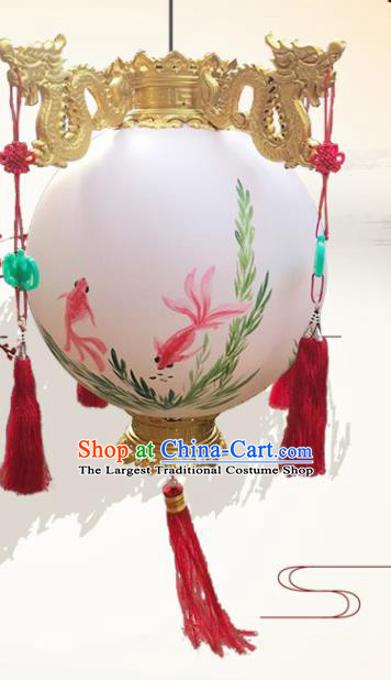 China Golden Dragon Head Hanging Lantern Classical Wood Lanterns Handmade Vintage Palace Lantern Traditional Painting Fish Light Lamp