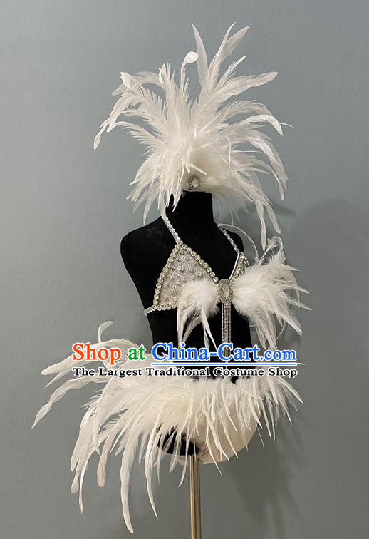Brazilian Carnival Costumes Professional Children Catwalks Clothing Girl Swimsuit White Feather Trailing Dress and Headpiece