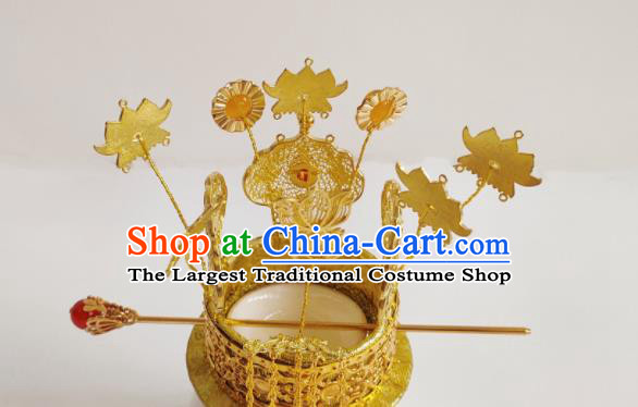 Handmade Chinese Ming Dynasty Prince Golden Hair Crown Ancient Royal Highness Headwear Drama Traditional Hanfu Emperor Headpieces