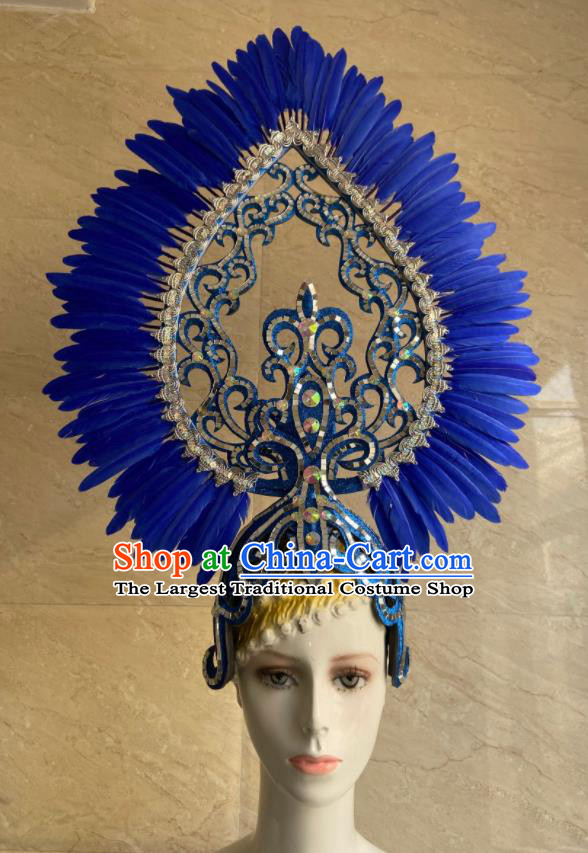 Handmade Deluxe Hair Accessories Halloween Royalblue Feather Royal Crown Brazil Parade Giant Headpiece Rio Carnival Headdress