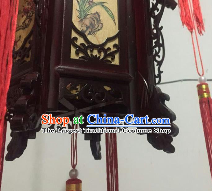 China Traditional Festival Light Lamp Handmade Wood Hanging Lantern Classical Hexagon Lanterns Vintage Painting Plum Orchids Bamboo Chrysanthemum Palace Lantern
