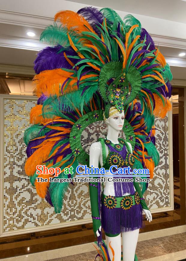 Brazilian Carnival Props Professional Samba Dance Clothing Miami Deluxe Green Feathers Wings and Headdress