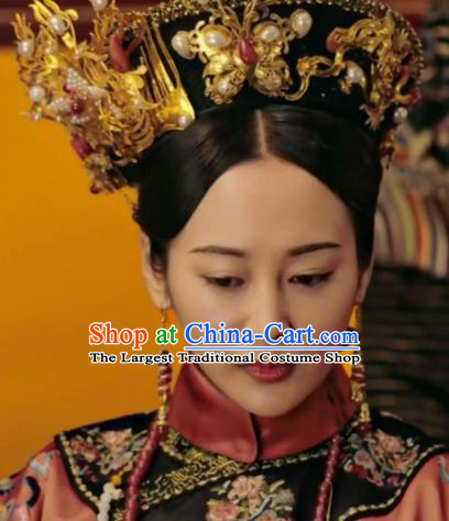 China Ancient Manchu Woman Golden Phoenix Hair Crown Traditional Drama Ruyi Royal Love in the Palace Hair Accessories Qing Dynasty Imperial Consort Hat Headdress