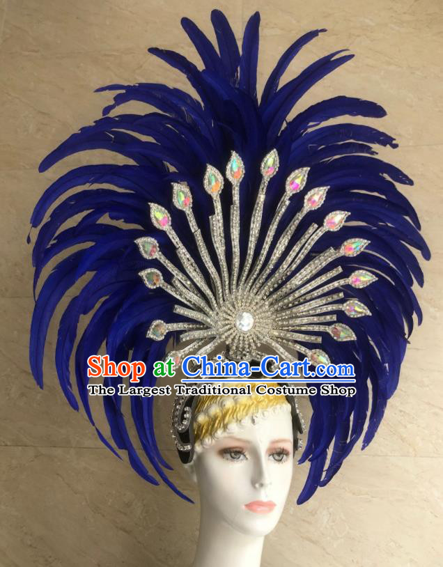 Handmade Stage Show Hair Accessories Halloween Deluxe Headwear Brazil Carnival Giant Headpiece Samba Dance Royalblue Feather Royal Crown