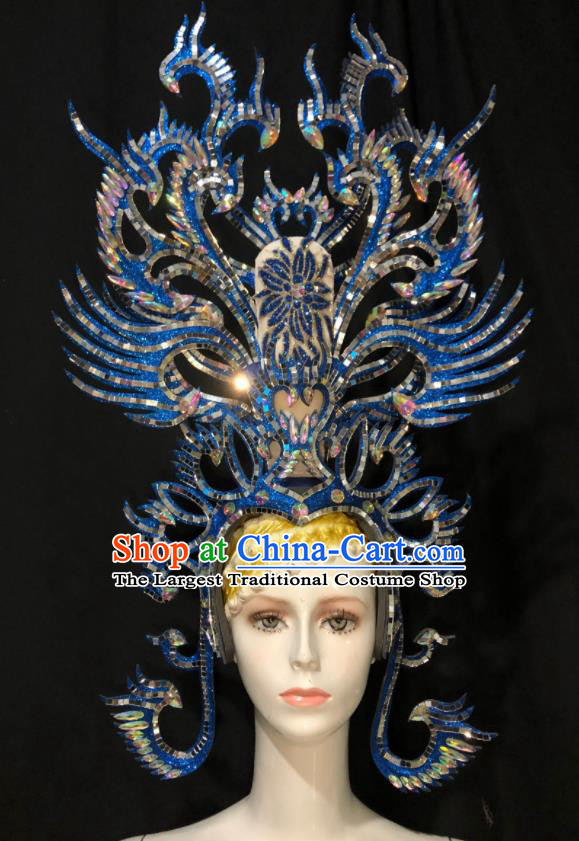 Handmade Brazil Carnival Giant Headpiece Samba Dance Blue Phoenix Royal Crown Stage Show Hair Accessories Halloween Deluxe Hat