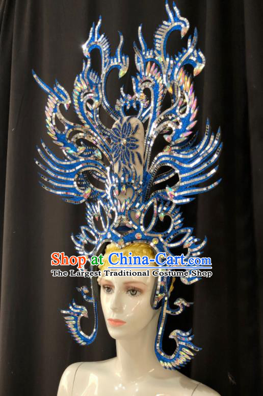 Handmade Brazil Carnival Giant Headpiece Samba Dance Blue Phoenix Royal Crown Stage Show Hair Accessories Halloween Deluxe Hat
