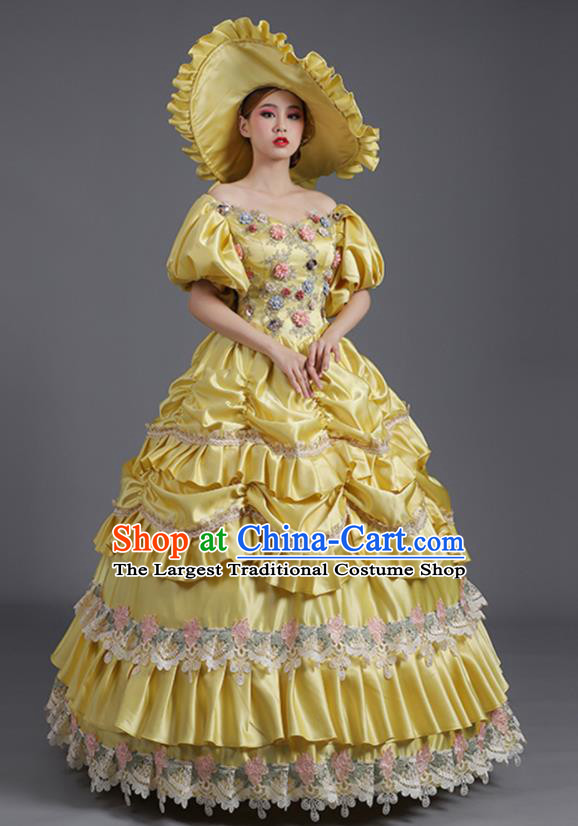Custom Western Style Clothes Europe Vintage Garment Costume Stage Performance Fashion European Royal Princess Yellow Full Dress