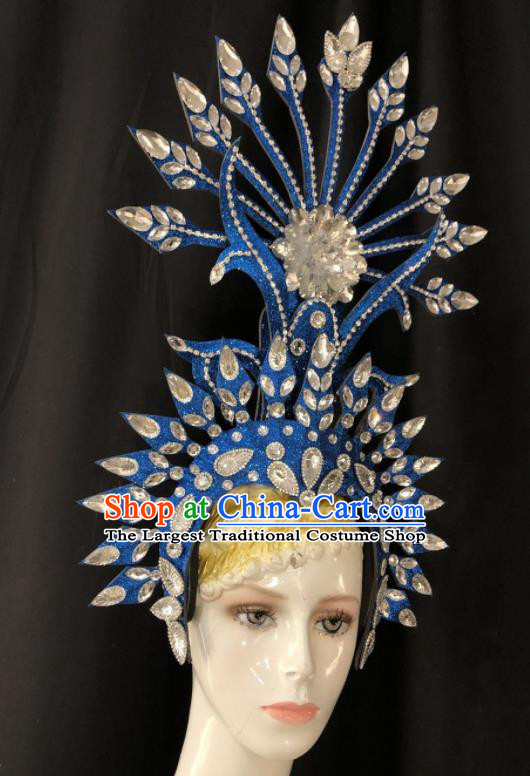 Handmade Halloween Deluxe Blue Hat Brazil Carnival Giant Headpiece Samba Dance Royal Crown Stage Show Hair Accessories