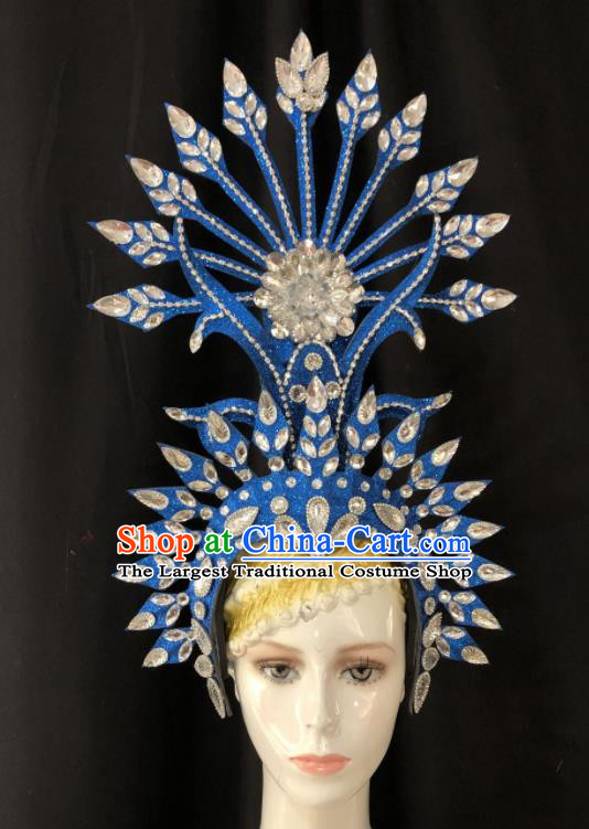 Handmade Halloween Deluxe Blue Hat Brazil Carnival Giant Headpiece Samba Dance Royal Crown Stage Show Hair Accessories