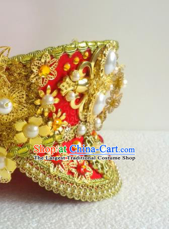 China Ancient Manchu Empress Pearls Hair Crown Traditional Drama Ruyi Royal Love in the Palace Hair Accessories Qing Dynasty Queen Red Hat Headdress