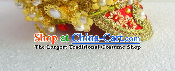 China Ancient Manchu Empress Pearls Hair Crown Traditional Drama Ruyi Royal Love in the Palace Hair Accessories Qing Dynasty Queen Red Hat Headdress