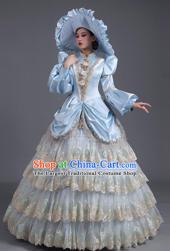 Custom Western Style Court Clothes Europe Vintage Garment Costume Stage Performance Fashion European Countess Blue Full Dress