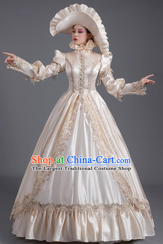 Custom European Stage Performance Fashion Countess Beige Full Dress Western Style Court Clothes Europe Vintage Garment Costume