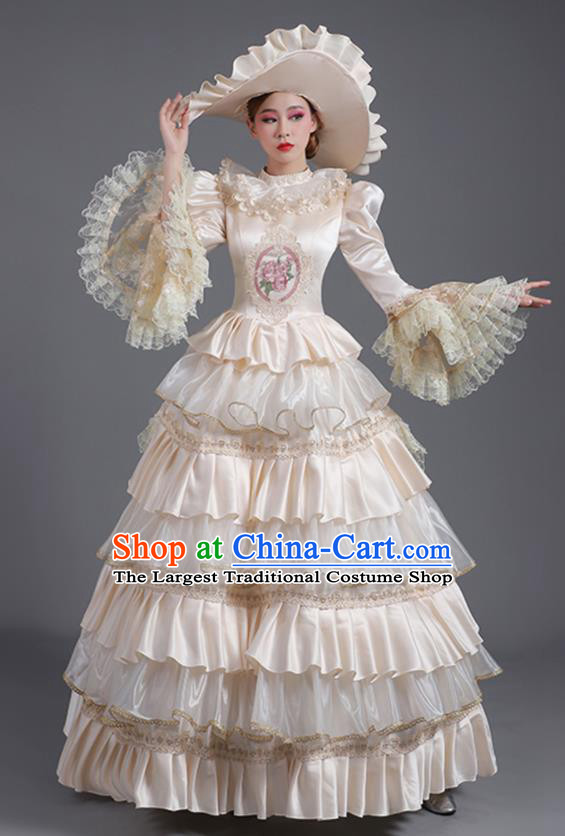 Custom Western Style Court Clothing Europe Vintage Full Dress Stage Performance Fashion European Noble Lady Beige Dress