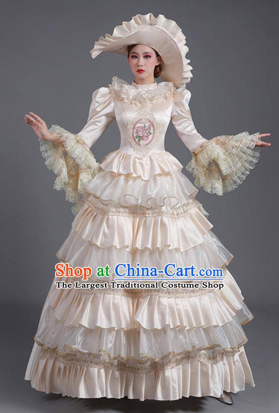 Custom Western Style Court Clothing Europe Vintage Full Dress Stage Performance Fashion European Noble Lady Beige Dress
