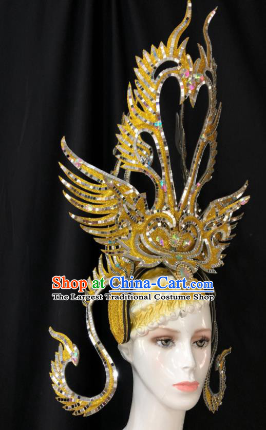 Handmade Samba Dance Royal Crown Halloween Hair Accessories Cosplay Queen Giant Golden Phoenix Coronet Brazil Carnival Deluxe Headpiece