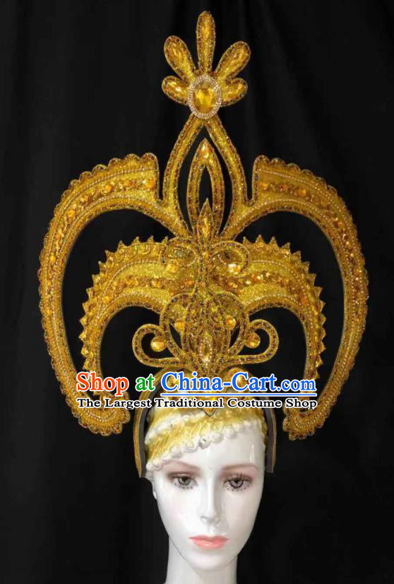 Handmade Halloween Stage Show Golden Phoenix Coronet Brazil Parade Giant Headpiece Rio Carnival Royal Crown Deluxe Queen Hair Accessories