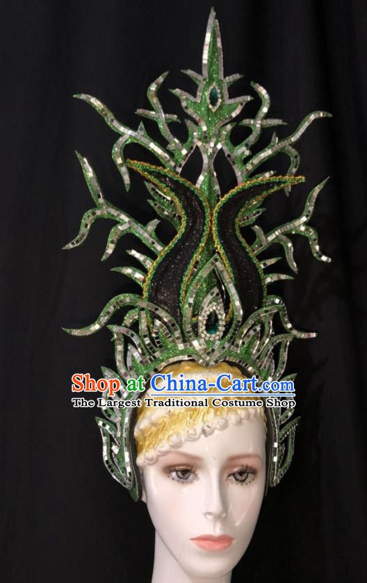 Handmade Brazil Carnival Deluxe Headpiece Samba Dance Green Royal Crown Halloween Hair Accessories Cosplay Show Giant Hat