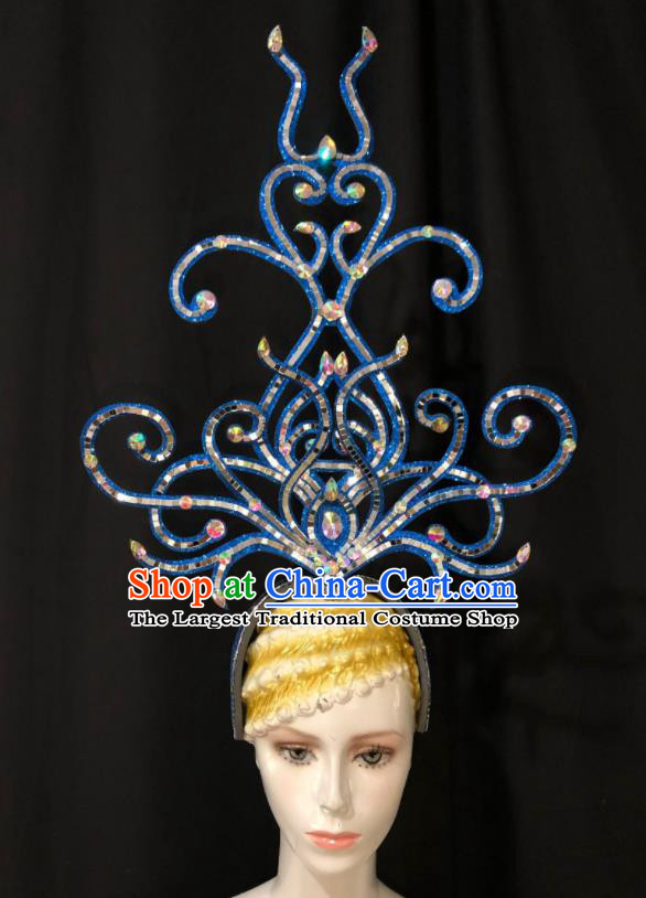 Handmade Cosplay Show Giant Hair Clasp Brazil Carnival Deluxe Headpiece Samba Dance Blue Royal Crown Halloween Hair Accessories